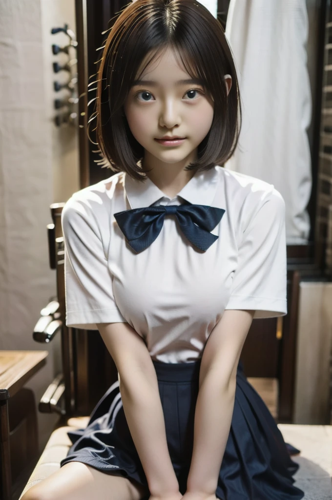 Low angle shot, Alafed asian woman in short skirt and bow tie sitting on train, cute schoolgirl, Japan schoolgirl uniform, wearing Japan school uniform, wearing Japan school uniform, surreal schoolgirl, schoolgirl, surreal schoolgirl, girl in uniform, girl in uniform, wearing school uniform, black hair, short hair, short bangs, short bob cut, Schoolgirl posing, full body, nice skin, glowing skin, nice thighs, glowing thighs, shining legs