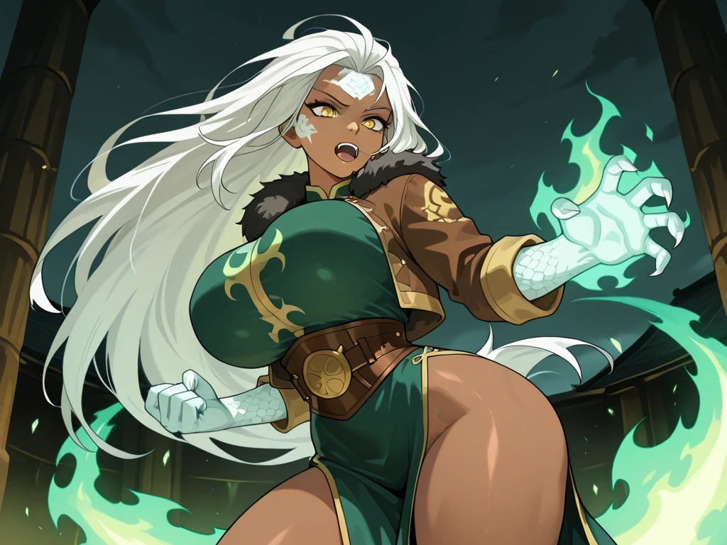 Shonen art style, Mirko from my hero academia, fit body, busty, sexy, empowering, fierce, white hair, one girl, shoulder length hair and ponytail, Nude, inside bedroom, thick thighs, evil smile, holding a sword, wearing a heart symbol in her chest, powering up, green eyes.
