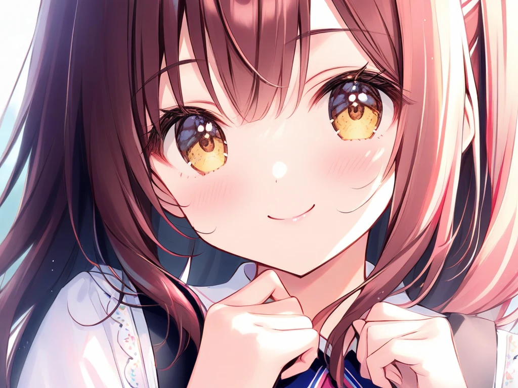 1girl, tiny girl, young girl, mesugaki, mesugaki smile, Teasing, naughty looks, heart eyes, A girl who puts her own Clenched fist to her own head:1.3, A girl tapping her own head:1.3, tidy, Focus on the girl, glossy skin, oily skin, Close-up of the face, Masterpiece:2, Top Quality, high Quality, Very Detailed, ultra  High Resolution, super High Resolution, Beautiful Detail, Dynamic angles, perfect lighting, 8k, Animation Style,  cartoon style, game cg, sfw, 