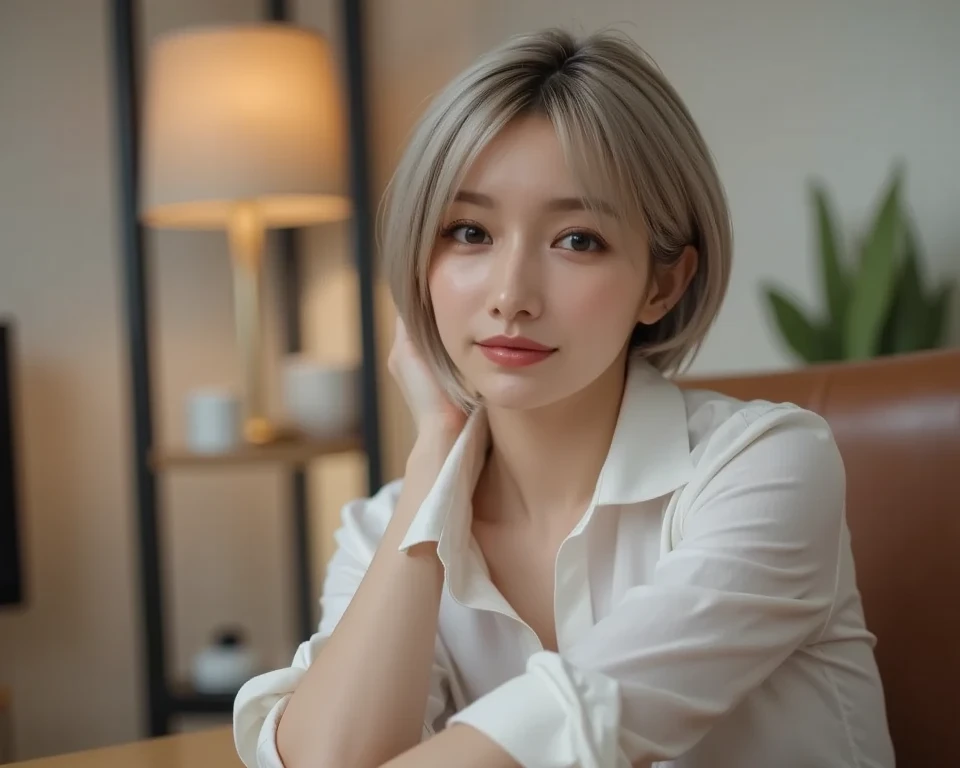 Malay girl, very short white hair, pixie cut hair, wear baju kurung with small floral pattern, eating popcorn in living room, seat in a fabric couch, front above view, she look at the viewer, windy, detail skin, age spot, detail skin texture, mole below eyes, small breast, flat chest, wide hips, small waists, thick thighs, slim abs, beautiful body, nighttime, laughing, happy, bright lighting, blur background, bokeh,