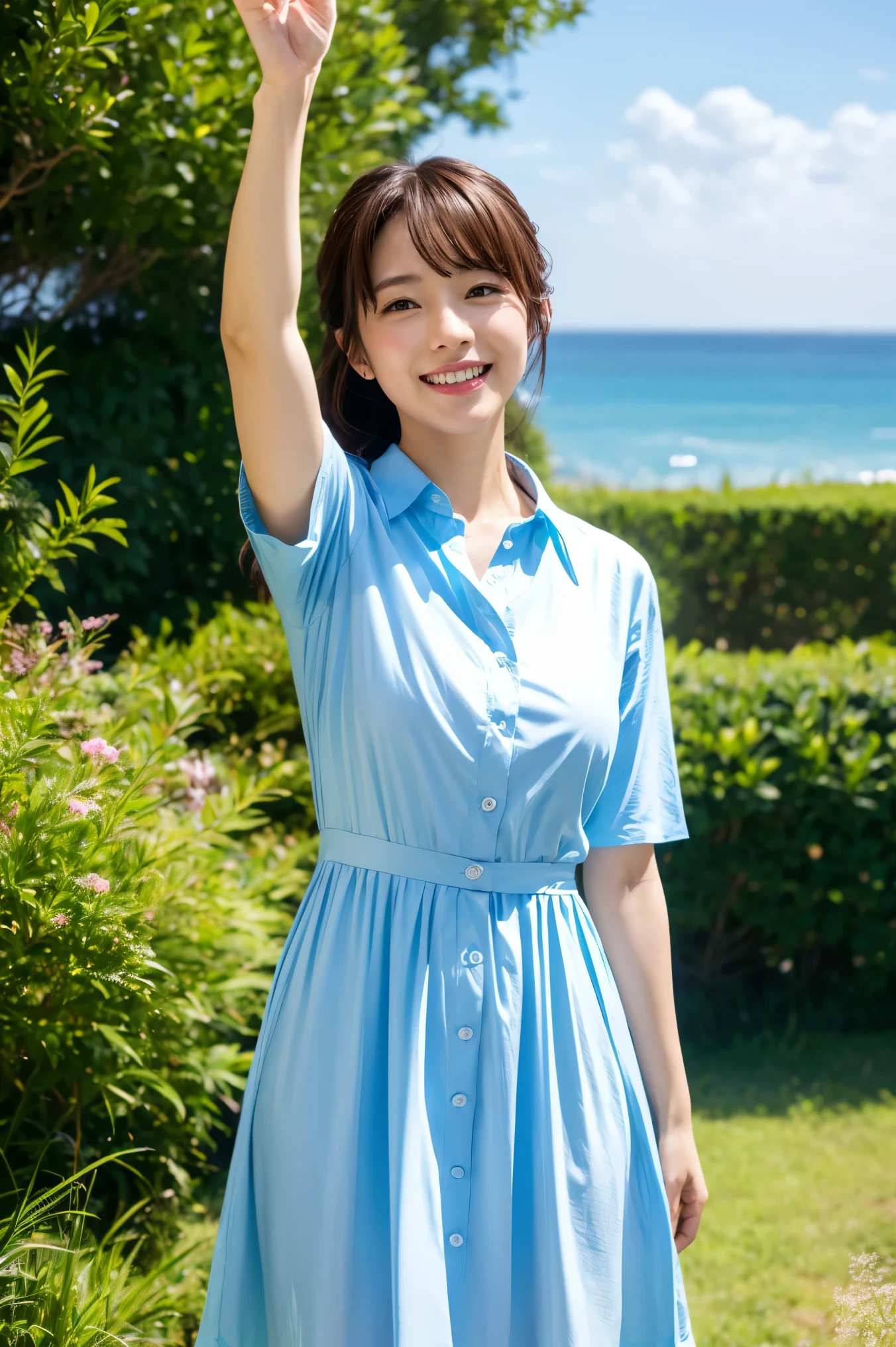 Medium size display, mid-shot, writing boundary depth, takes pictures of Hirose's whole body, Movie Angles,action pose、masterpiece, best quality, very well detailed, CG, 8k Wallpaper, beautiful face above the castle gate, watch, Otome, alone, smile, cute、sky blue shirt dress