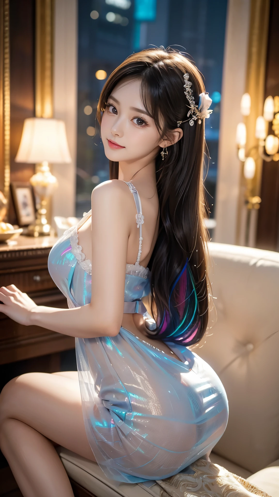 Beautiful Virtual Idols , Detailed Digital Avatars , bright holographic figure , Clear, glowing skin , {{x}} , charming smile , delicate expression, I've been wearing my high school uniform for a long time , flowing hair , ELEGANT POSE , Surreal Futuristic Environments , polygonal dynamic lighting , Neon Glowing Details , cinematic composition, Brilliant Color Palettes , details as pictured , masterpiece , full body photo,( masterpiece , nothing, illustrations:1.2), radiant young woman in a loose dress , ( elegant and charming presence :1.1), charming smile , Swinging hair on his penis ,8-Head Beautiful Girl, colorful,The right gaze, Beautifully Symmetrical Eye Sizes , beautifully balanced eyes , beautiful eyes on my stomach , kind expression, red to blonde gradation , Long hair that flutters like the wind ,(Slightly small face),( very beautiful bust shape ),(( Bust of a Rich Man)), beautiful breasts ,((( thin waist))), very beautiful butt , anatomically accurate arms and legs , Anatomically Accurate Fingers and Feet , small eyes , slightly raised eye , Charming platinum lace embroidered dress ,(( Fine Stitched Dress )),( Dress Woven with Multicolored Threads ),(( Sheer Sheer Dress )),(( lace dress )), , charming smile ,(( Sea Art Infinity )), Artistic details, A captivating composition、(perfect anatomy:1.2)、(detailed hands:1.mall right hand)、(((MASTURBATION BEHAVIOR WITH ELECTRIC APPLIANCE)))
