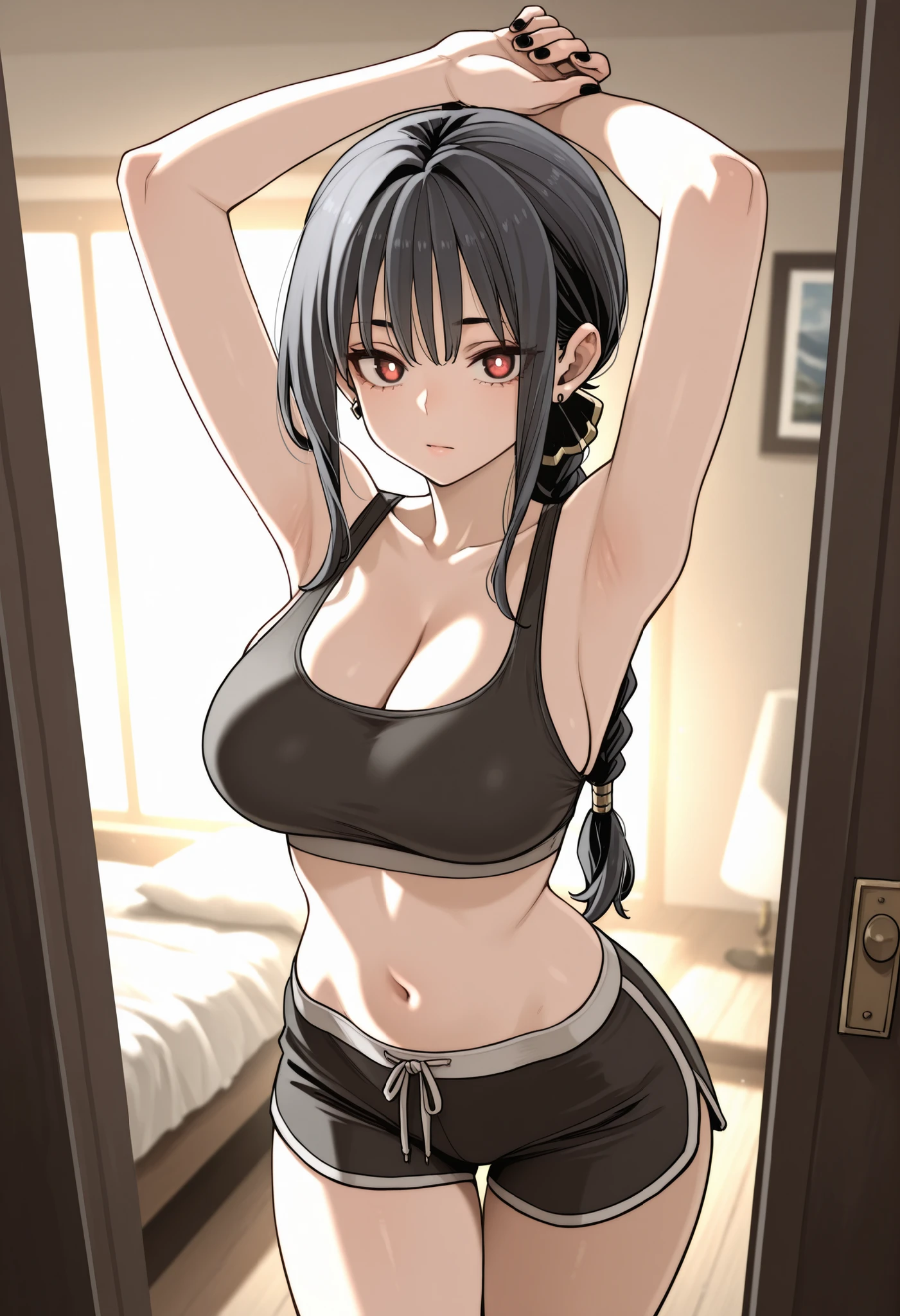 masterpiece, best quality:1.2), amazing quality, very aesthetic, 32k, soft lighting, absurdres, extremely beautiful, newest, scenery, extra details, (sharp detailed:1.2) 1girl, solo,black hair, red eyes, bright pupils, earrings, braided ponytail, low ponytail, sidelocks, black nails,, top tank , collarbone , cleavage , blask shorts , standing , arms up , in the bedroom , looking at viewer , midriff , navel , abdomial curves