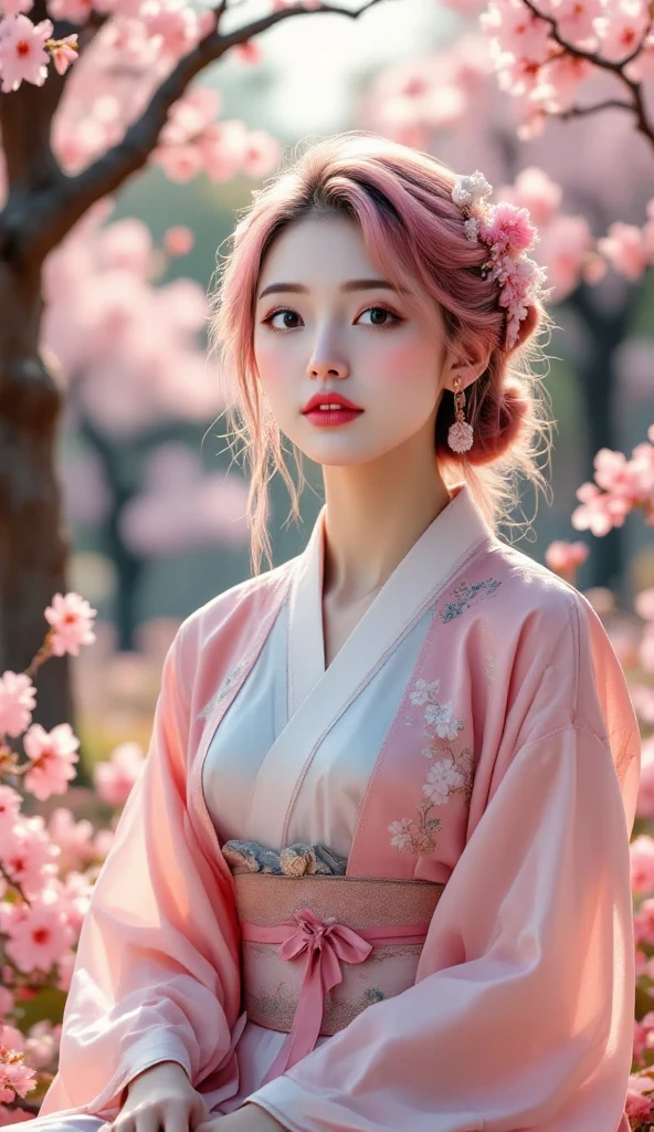 high definition, Professional Level, very detailed, realistic, pictures, 4K, HDR, Professional lighting, extreme detail description, Vibrant colors, Cherry blossom forest with bokeh effect, Beautiful girl in pink and white costume, pink hair, gentle expression, sitting position,  Oriental Beauty , Japanese style print, oil painting