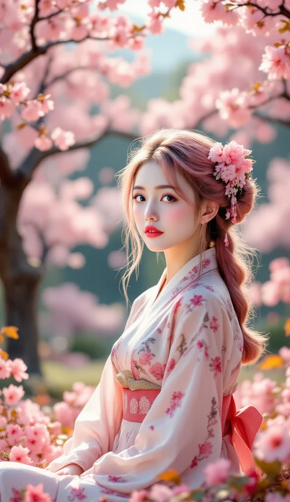 high definition, Professional Level, very detailed, realistic, pictures, 4K, HDR, Professional lighting, extreme detail description, Vibrant colors, Cherry blossom forest with bokeh effect, Beautiful girl in pink and white costume, pink hair, gentle expression, sitting position,  Oriental Beauty , Japanese style print, oil painting