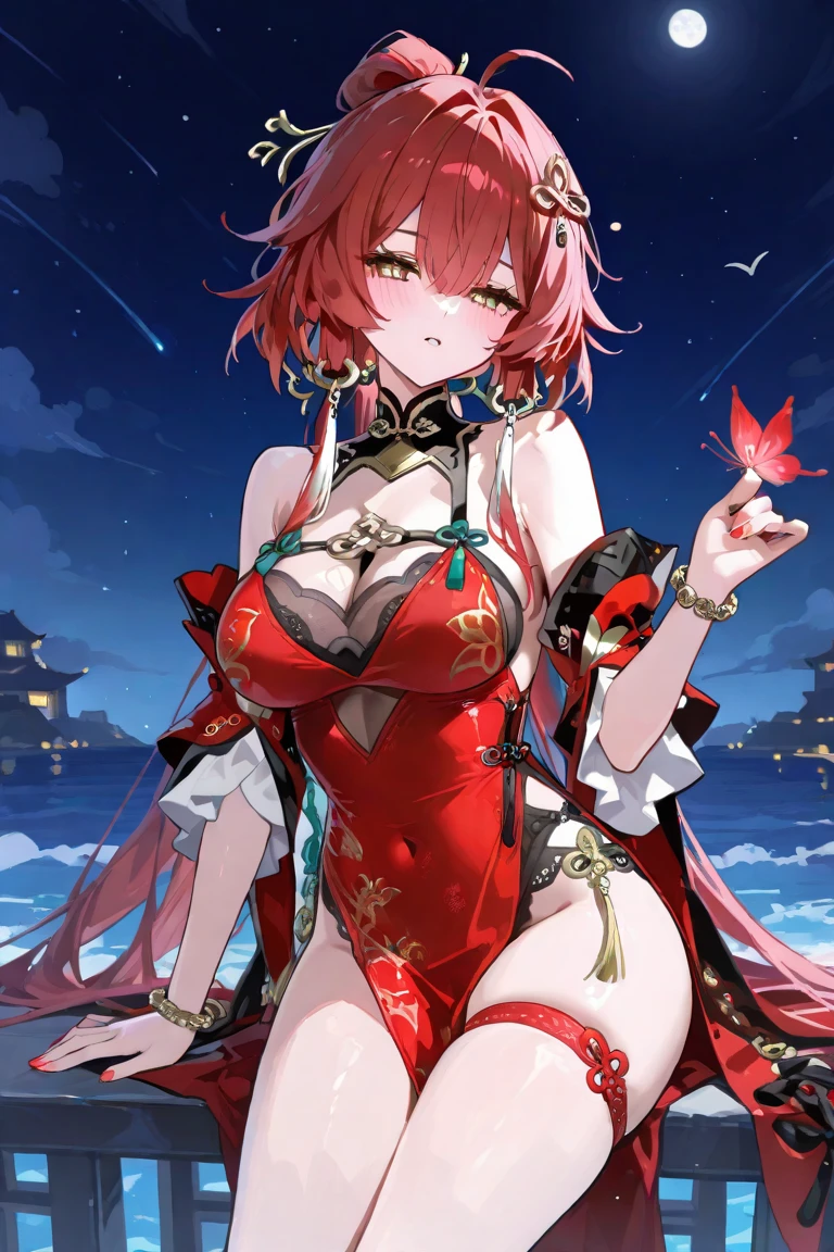 Oiran, absurdres, RAW photo, extremely delicate and beautiful, masterpiece, Best Quality, ultra high resolution, 32k, hyperrealistic, ultra-detailed, detailed description, pale skin, 20 years old, tearful mole, earring, big tits, short medium hair, wavy hair, whole body shot,