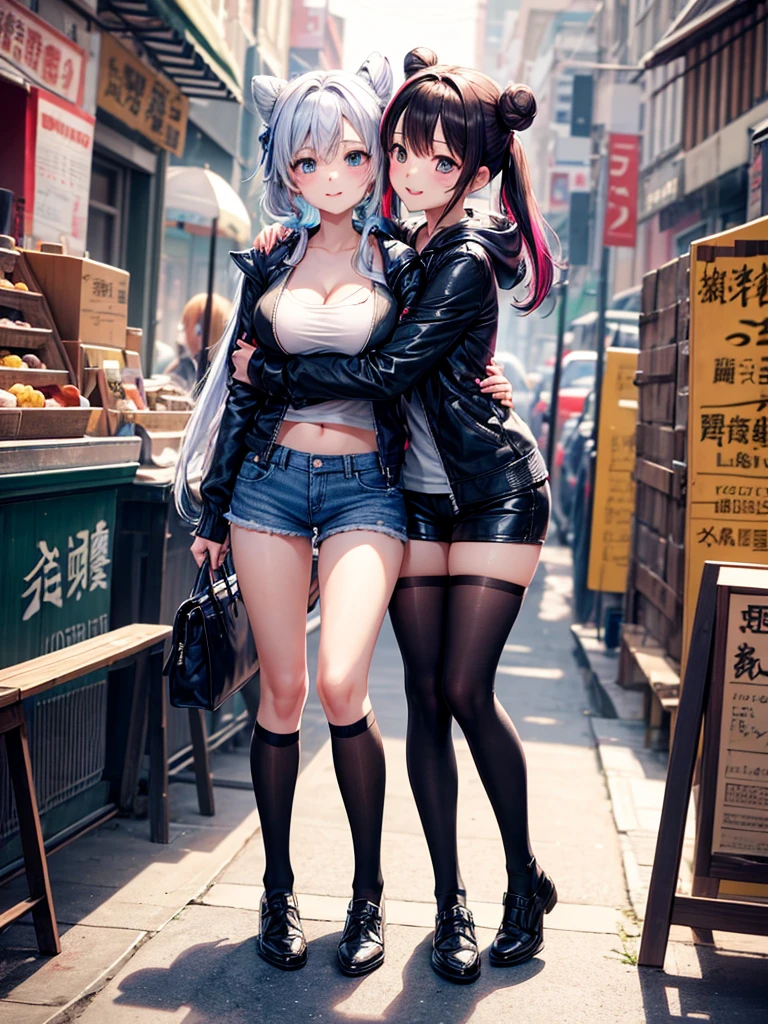 Two women are walking down the street side by side wearing navy blue maid outfits., alone, skirt, panties, underwear, (shiny light blue satin panties:1.3)、横紐レースpanties that cover the butt、Liar, Thighhighs,garter belt, 風でskirtがめくれている , think back, realistic,Looking up angle from the back