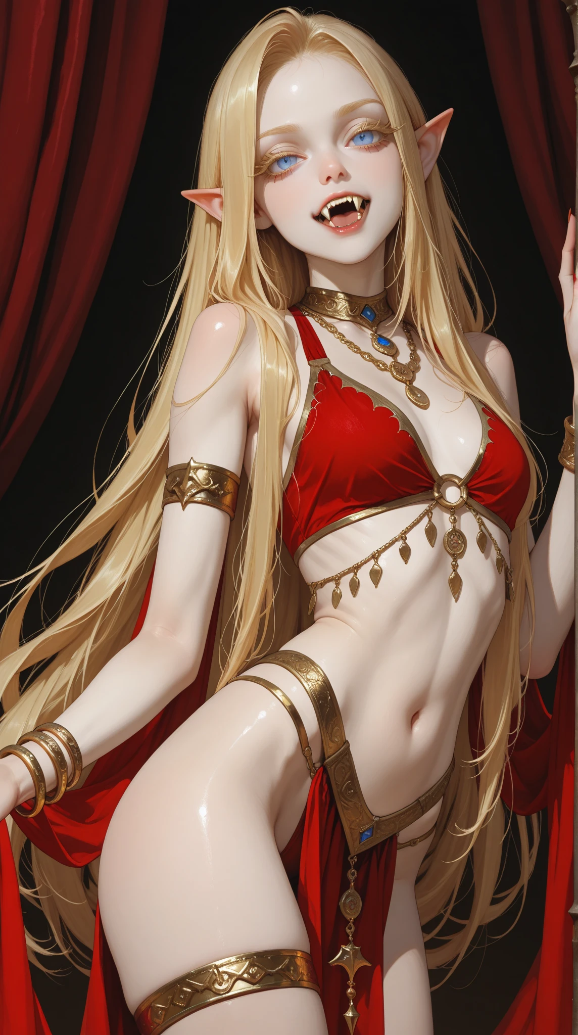 blonde hair, long hair, green eyes, with leg opened and an enticing beach pose, wearing a elegant red gown that shows off her navel, resembling an Arabian belly dancer. She has a short trimmed skirt and her flowing blonde hair is styled in a side ponytail. Her captivating blue eyes exude happiness, while her outfit highlights her alluring cleavage, happy