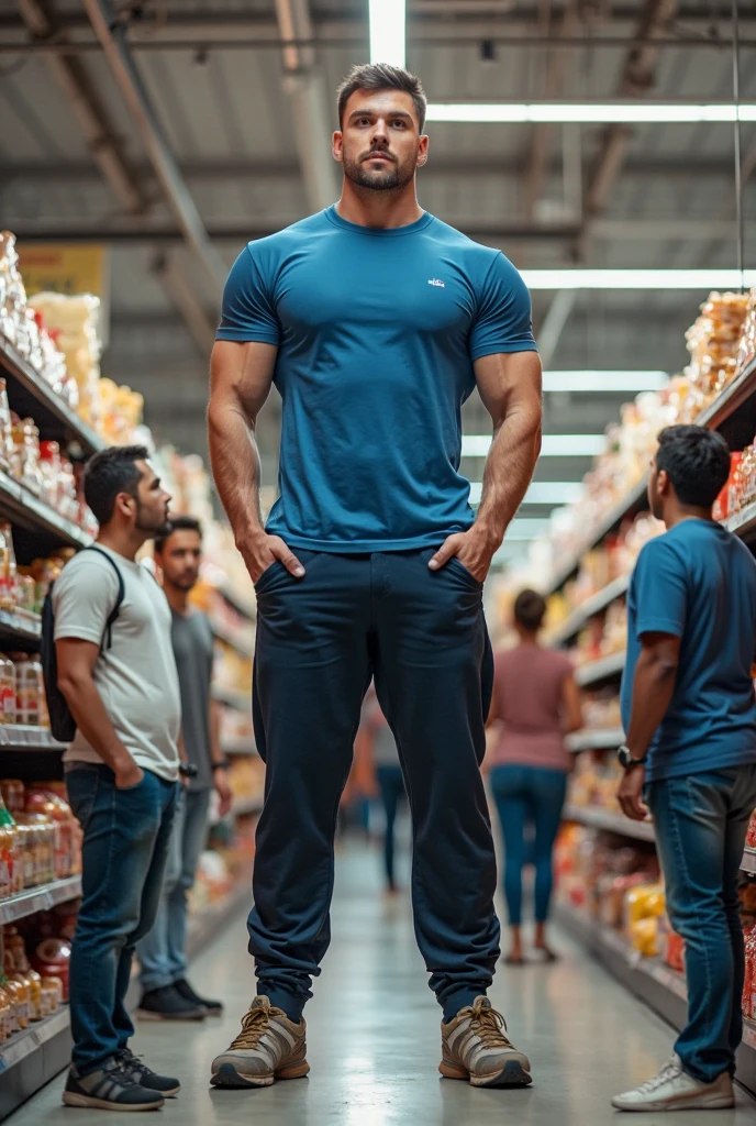 1 young latino man salesman in a hardware store generate the image with atmosphere of enthusiasm with the combined styles of norman rockwell and the realism of leng jun in a mix of photography and illustration ((fullbody)) a young latino man, tall, ultradetailed slender athletic toned muscular body, perfect dimensions, focus on highlighting the beauty and toning of the body, black wavy hair, black eyes, roman nose, full lips, oval head, square jaw, perfect feet, v shaped body, ((he is shirtless, barefoot wearing small blue shorts)), intense neutral color palette 8k resolution