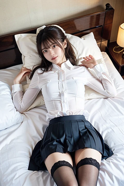 (8k, RAW photos, highest quality, masterpiece: 1.7). (Realistic, Photorealistic: 1.9). 1 girl. Japanese. Woman. Bright indoors, on the bed, professional lighting. Photon mapping. Radio City. White blouse with ribbon, white panties with ribbon, white socks, white heels. Slender.