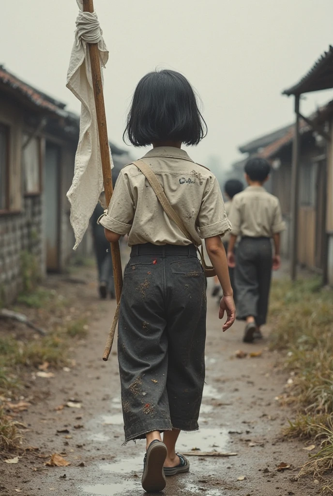 there is a young boy standing on a dirt road holding a baseball bat, girl wearing uniform, little ???, walking boy, by Fei Danxu, boy, dressed like in the 1940s, scout boy, by Wen Zhenheng, character photography, by Cheng Zhengkui, young commoner, photo manipulation, photography alexey gurylev