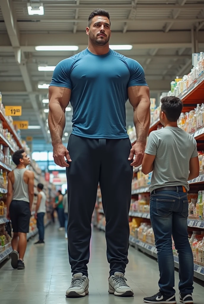 white anthro giant tyrannosaurus with chubby build, immense giant hyper muscles, extreme proportions, tank top, super broad shoulders, giant lats, huge round heavy pecs, massive arms, thick thighs, big thick tail, giant bulge in shorts,, with collar, walking down the street, very low angle, dynamic pose