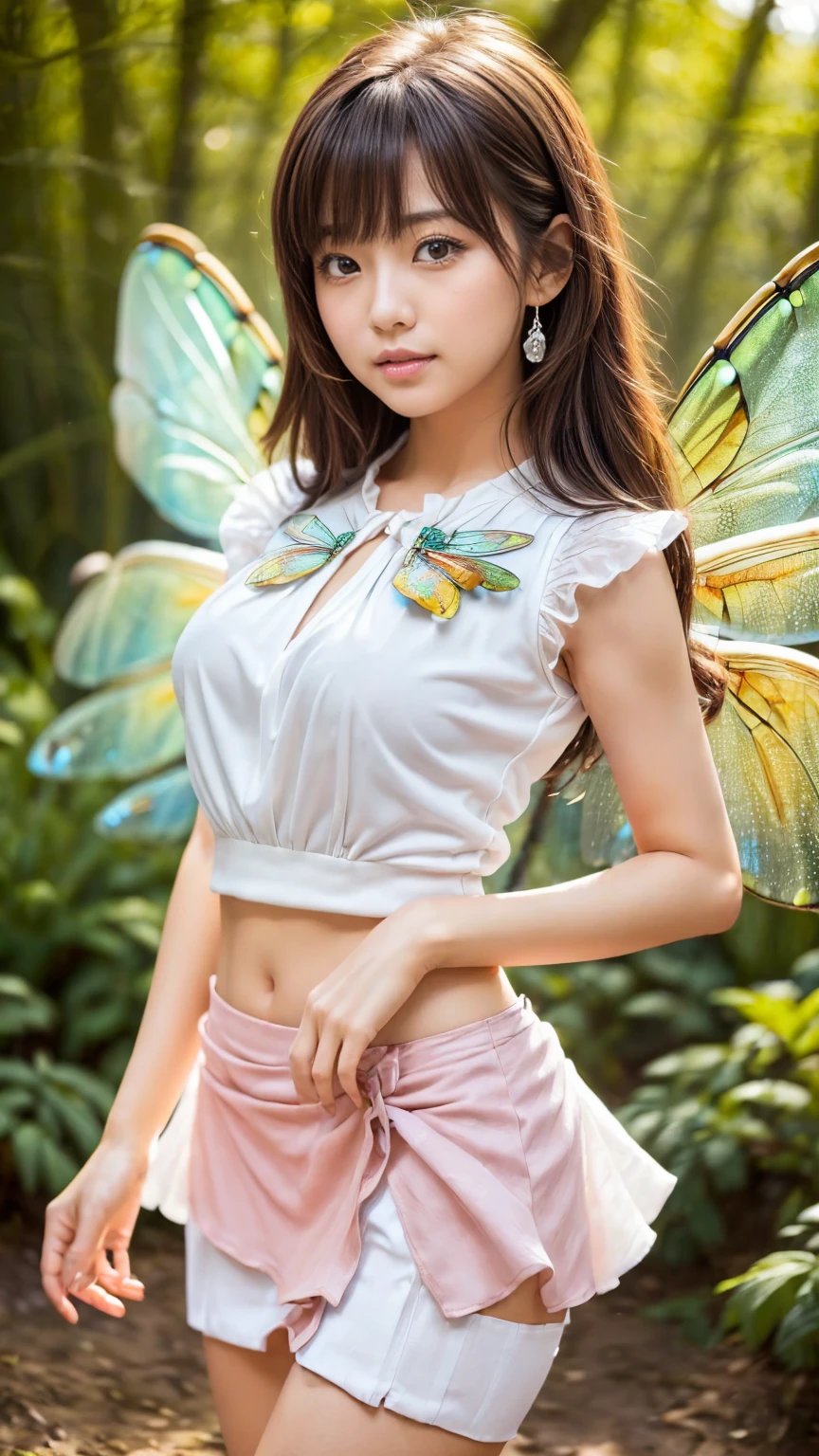 Hair shaking, victory, Long eyelashes, Three-dimensional round eyes, A faint smile, Red ears, direction, precise, Surrealism, shadow, comfort, Stereogram, Tai Chi E, view, Atmospheric perspective, 8K, Super Detail, best quality, best quality, high resolution, The award-winning, high quality, High Detail, Anatomically correct, Ultra HD, Retina, masterpiece, Textured Skin, aprecise, Super Detail,White Swallowtail Butterfly,There is a touch of gold on the wings,The wings are dotted with four red jade dots