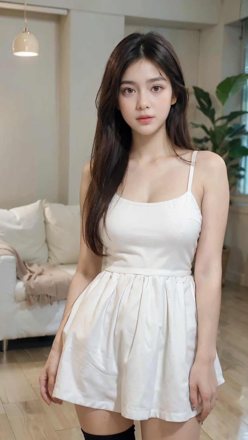 Sit in the passenger seat facing the driver,Photographed from the driver, perspective,2014 BMW X5M interior,The ceiling and all decorattion inside the car is black,32H cup breast,Off-the-shoulder white dress,Low-cut V-neck short skirt white dress,Eyes on the driver,Taiwanese streets in the background,Showing breasts