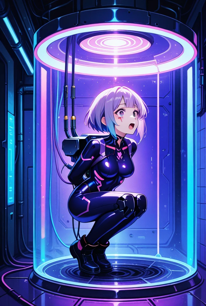 1 girl, whole body, a large metal helmet on the head hiding the hair and hiding the eyes, tubes, wires, she gets electrocuted, brainwashing