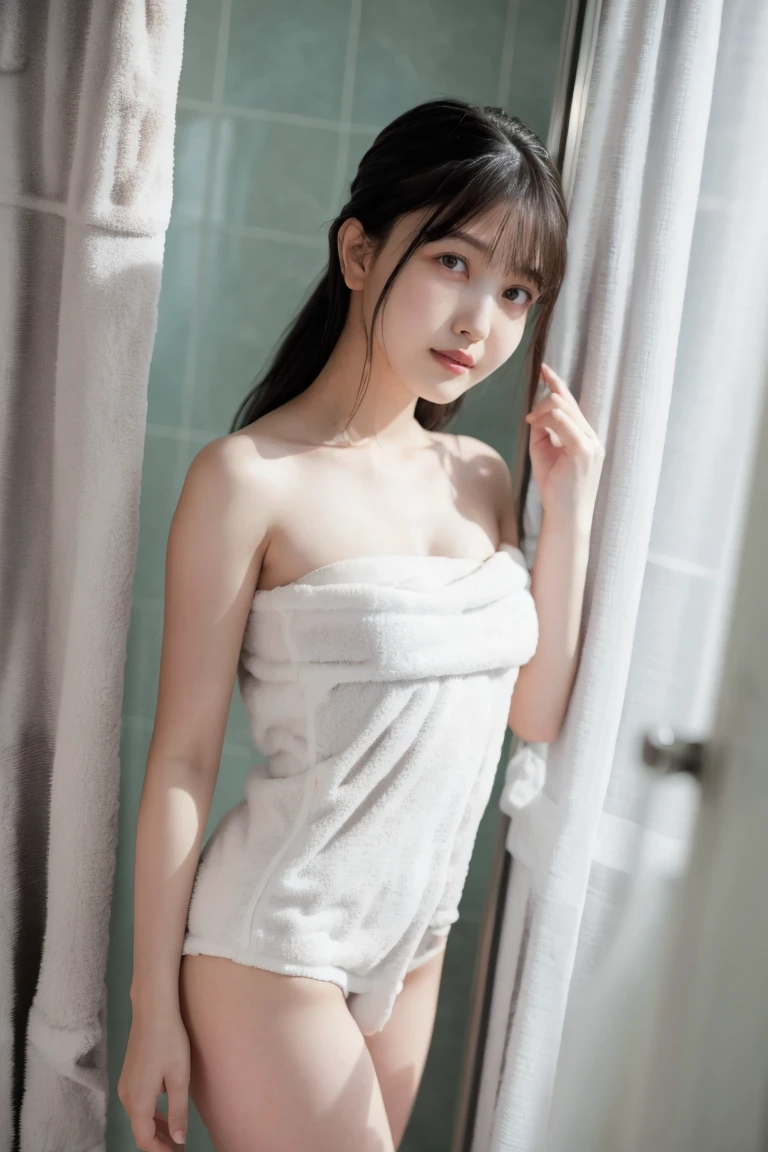A girl after bathing, towel, sweat, flushed body, water droplets, relaxed expression, warm bathroom, steam, soft lighting, wet hair, refreshing feeling, serene atmosphere, clean skin, fragrant shampoo, rejuvenated, peaceful moment, gentle breeze, comfortable humidity, time for self-care, soothing aromatherapy, calm and soothing colors, tranquility, purity, gentle touch, unhurried pace, a moment of relaxation, quiet surroundings, revitalizing shower, peaceful retreat, harmonious ambiance. (best quality, highres), (portraits), (warm tones), (soft lighting)