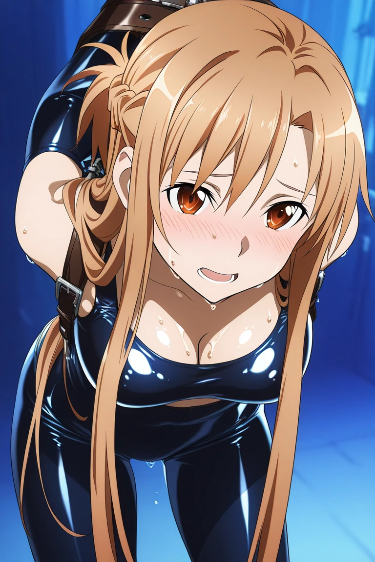Seina Kashiwazaki, 1girl in, a blond, ponytail, hair ornament, (medium breast), bodysuit, (cowboy_shot), indoors, sleeveless, ((( mistress, dominatrix))).