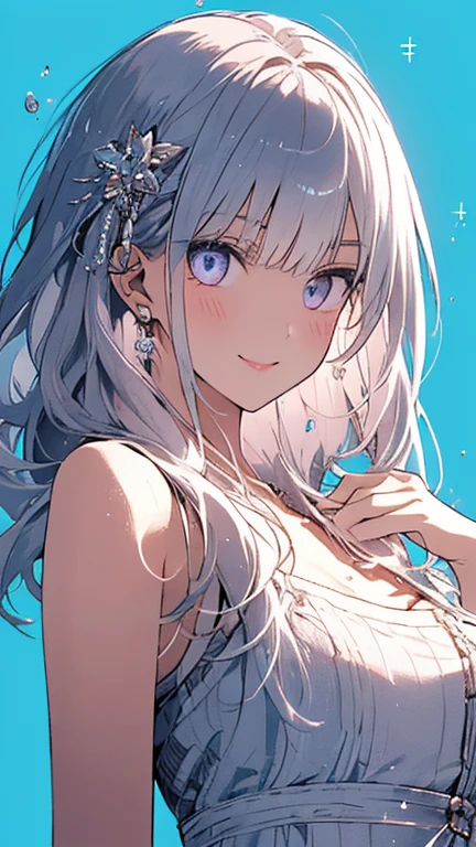 ((Best Quality)), (Ultra-detailed), ((Extremely detailed)), (Beautiful), ((Kawaii Girl)),(two side up hair).,Platinum Blonde Hair,Long hair, hair between eye, Wavy Hair, Long sideburns,Jade-colored eyes, White skin,Normal Chest,Slender body,Cross Halter Bikini,Sandals,Sitting,in beach,Look Camera