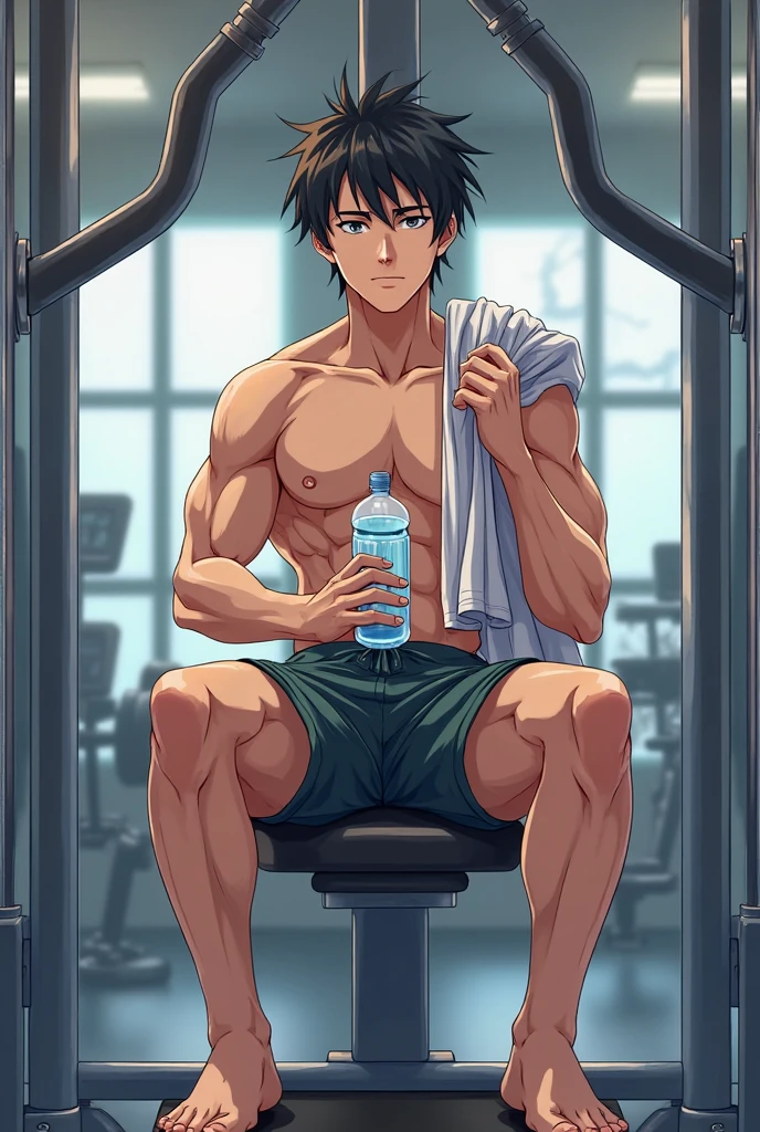 shirtless handsome manly short black hair caucasian male mma fighter, mma gloves, mma shorts, barefoot, sweat-drenched, soaking wet, drenched with sweat, sweating profusely, sitting on the bench, leaning against the wall, exhausted, panting, in the locker room