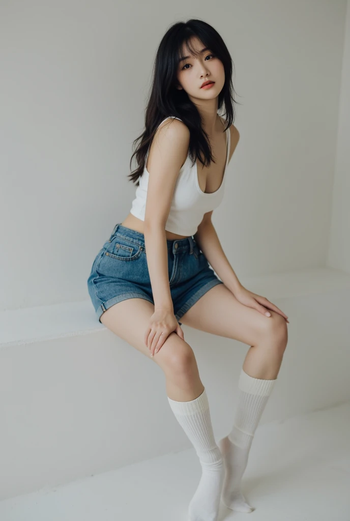 White skin，Sit on a stool，Big white legs inward eight，Wearing a white tank top，Light blue skinny denim shorts，Wear 15cm white socks，Wear white board shoes，Regular facial features，Two arms，Two legs，