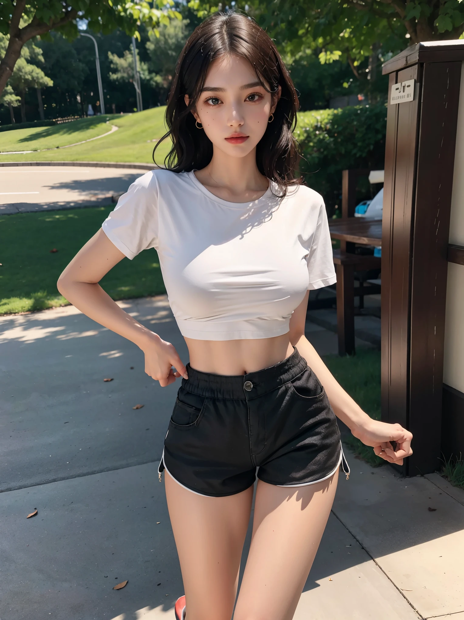 A (beautiful) young (Brazilian girl:1.2), (extremely pale skin:1), (straight black hair:1), (small pointed nose, full lips, pointed chin, small face). Arafed woman in white shirt and black shorts posing for a photo., thick, fit photo, dressed in a top and shorts, fit girl, wearing simple tight clothes, tight outfit, tight outfit, Violet Myers, Tight shirt, slim waist and thick hips, Thick thighs, Tight fit, sophie mudd portrait, casual pose, wearing Tight shirt, bra and shorts streetwear.