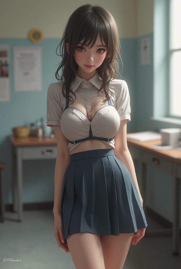 ((Correct Anatomy)),((Sit in an office chair)),((Spread your legs wide)),((((Black Stockings)))),((Beautiful feet)),((A shy smile)),((Lacy white panties)),((lacy white bra)),((White blouse)),((open-chest)),((Pleated mini skirt)),Ultra-high resolution,Mature Woman, Mature Woman, Very detailed,Extremely fine skin,Beautiful Skin,(Big Breasts),((Beautiful legs)),Perfect hands, Detailed fingers, Beautiful details, ((Long Hair)),((ponytail)),Black choker, Earrings,High heels,High rise office building,Perfect Eyes, Captivating eyes
