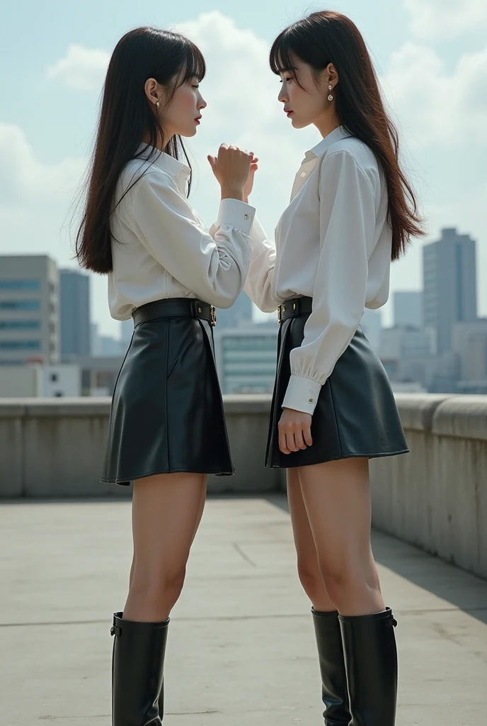A Snapchat photo of two Japanese schoolgirls wearing black cardigan,Wearing luxurious thin black leather gloves on both hands, she invites the photographer in. ,Ultra Mini Skirt,Ultra-detailed face, showing off their legs in the style of cute anime girls, taken from behind them as they walked past each other at an outdoor shopping mall.