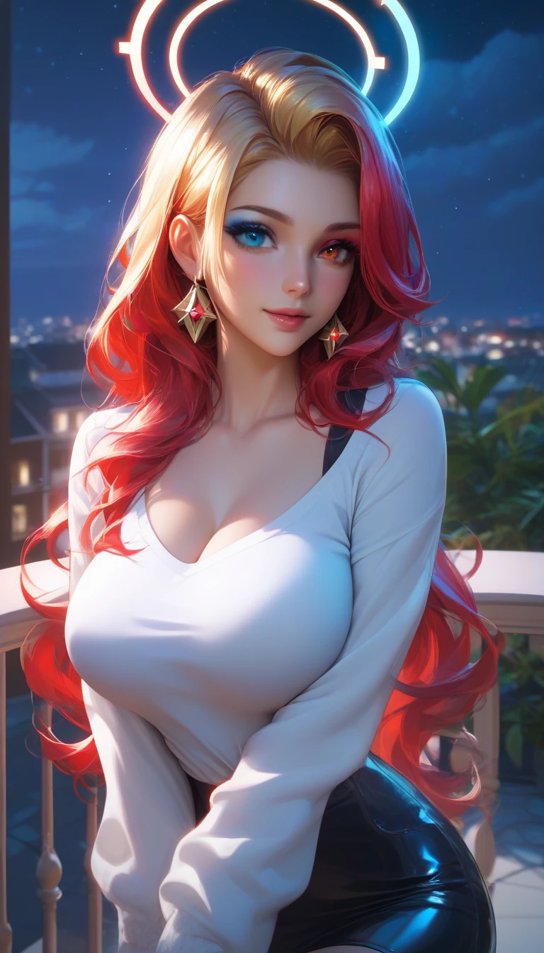 (Masterpiece, Excellent, 1girl, solo, complex details, color difference), realism, ((medium breath)), off-the-shoulder, Yae Miko, long pink hair, red headdress, red highlight, hair above one eye, green eyes, earrings, sharp eyes, perfectly symmetrical figure, choker, neon shirt, against the wall, brick wall, graffiti, dim lights, alley, looking at the audience, ((mean, seductive, charming)), yoga pants,