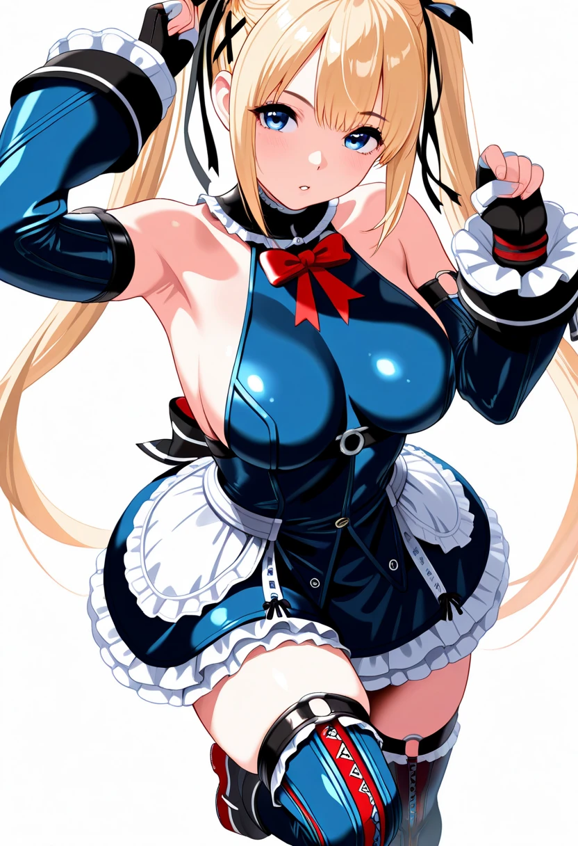 score_9, score_8_up, source_アニメ,Blonde,Blue Eyes,long hair,tall,very big breasts,sharp eye,((1girl)),shiny skin,Maid clothes,Black latex,front open,Areola,Reverse Bunny Suit