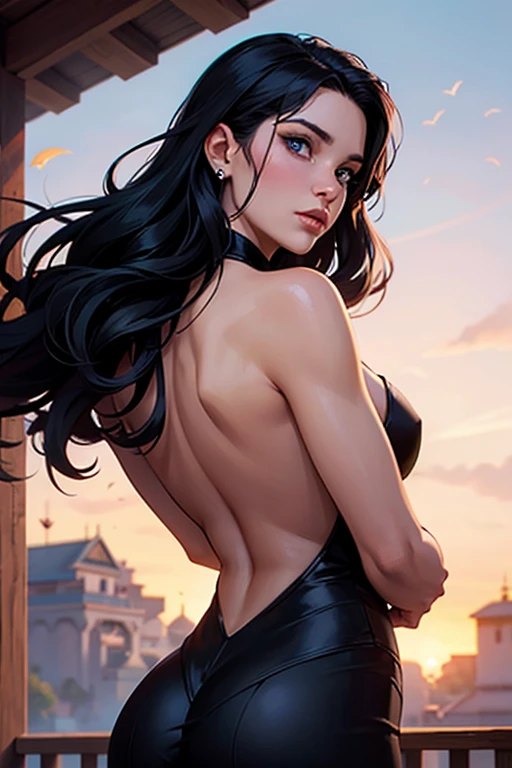Emilia Clarke, cheerful face, happy, smiling, freckles on the face, black hair with original wavy bluish glow, long eyelashes, beautiful blue eyes with brightness, lipstick, surrealism, shadow, stereogram, (photorealistic, realistic: 1.2), POV, atmospheric perspective, cinematic lighting, ray tracing, 8k, super detail, best quality, masterpiece, well detailed, (Canan EOS R6, 135mm, 1/1250s, f/2.8, ISO 400:0.9), cold twilight night background, mountains and clouds on the horizon, damp, ugly of lights, white neckline, back, round ass, lace calsinha, detailed Moon cord, large earrings, tattoos.