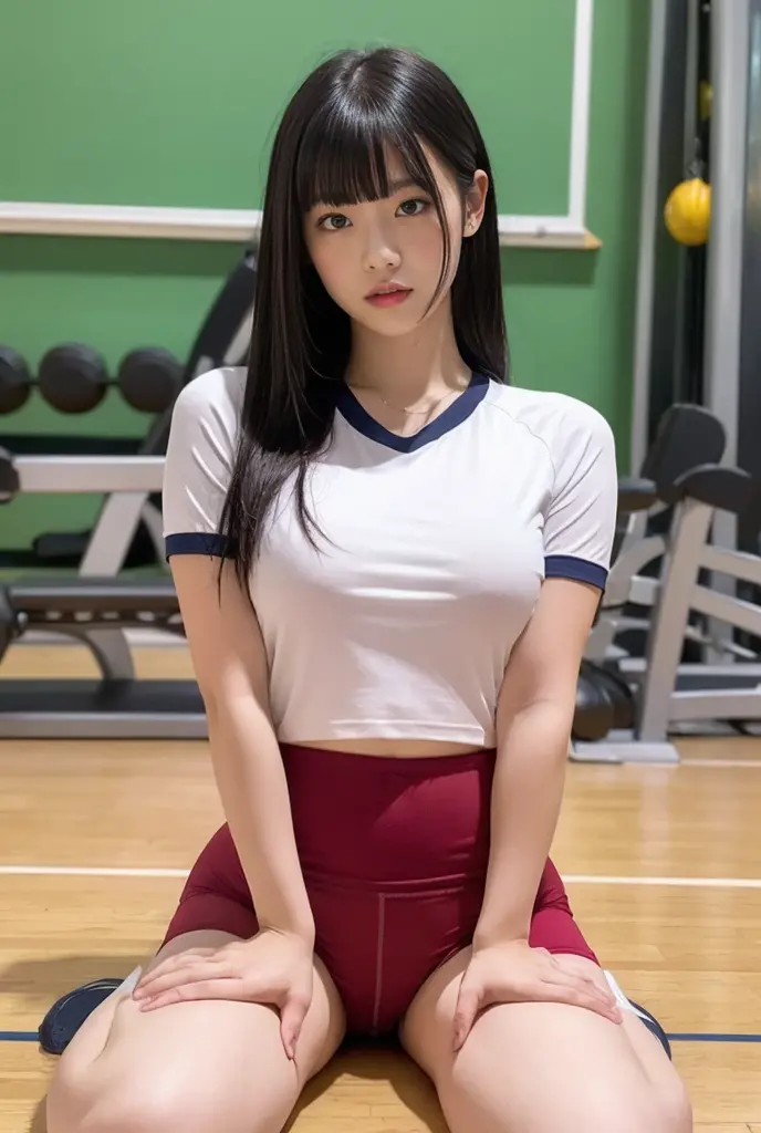 nsfw,8k、High resolution、masterpiece、Realistic、In detail、Fine texture、Head-to-toe portrait、High Contrast、alone、high school girl、Natural body shape、White skin、Natural Makeup、Black Hair、bangs、Straight Long Hair、((School-designated gym clothes))((White gym clothes for the upper body、long、Short sleeve、There is a wine red line))、((The lower half of the body is wine red tight bloomers))、Sit with your legs apart、Big Breasts、、((The upper body is wearing gym clothes))、((School classroom))、Looking into the camera、、Full body photo、Focus on the groin、Exposing thighs、White shoes下、White shoes、Erect nipples:1.2