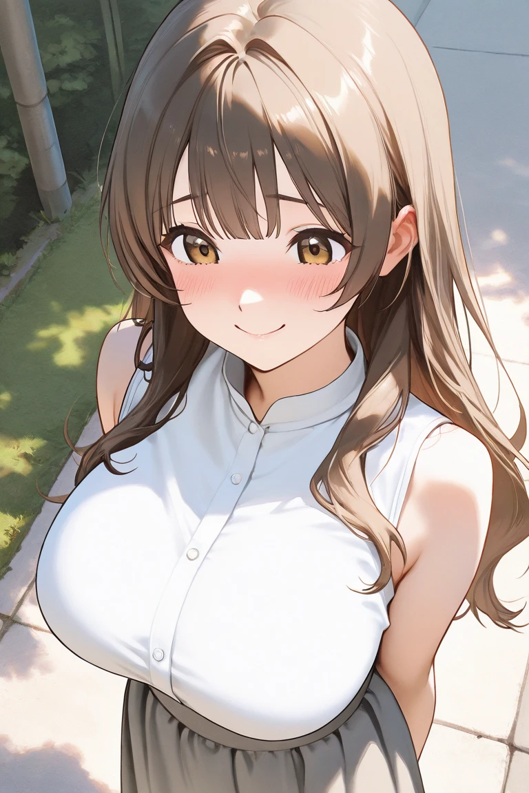 (masterpiece), (best quality), (ultra detailed), 1girl, ssexy pose, blush,medium breasts, wearing lacy tank top, happy, looking at viewer, large hair, brown hair, in the park with trees, shy