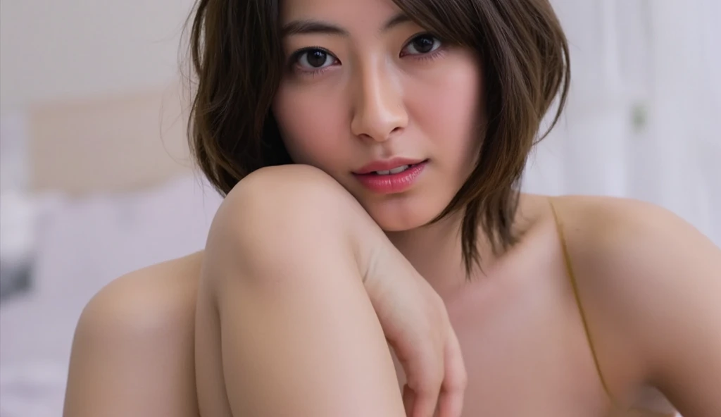 naked。She spreads her legs and shows her private parts。sex。penis。Sweat。、1 very cute girl、short hair、Gray Hair、reduce hair volume、Blue background、Eyes focus、