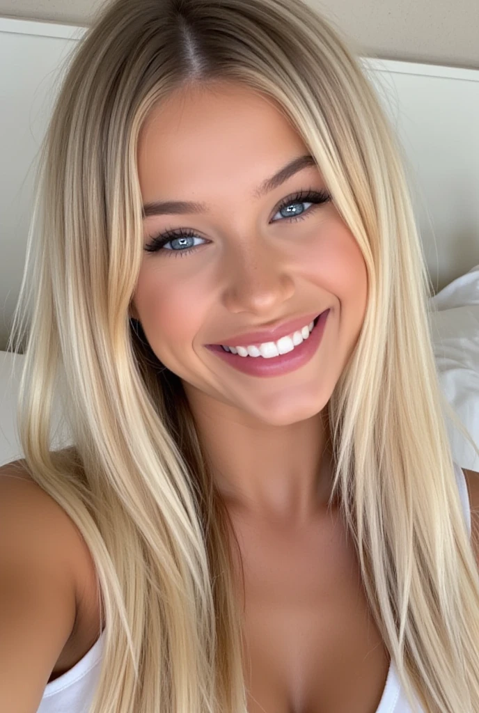 A 23-year-old blonde woman, ((big boobs)), ((Hyperrealismus)) ,. blondes Haar mit hellbraunen Wurzeln. blondes Haar, Haare mit braunen Wurzeln, extra langes Haar, sehr langes Haar, wirklich lange Haare, Pretty, Vorderansicht, selfie, Mit dem iPhone aufgenommenes Foto, elegantes schwarzes Hemd mit Escote, tief geschnitten, selfie in the garden, good quality, selfie iPhone, Cleavage sparkling white teeth, perfekte Haut