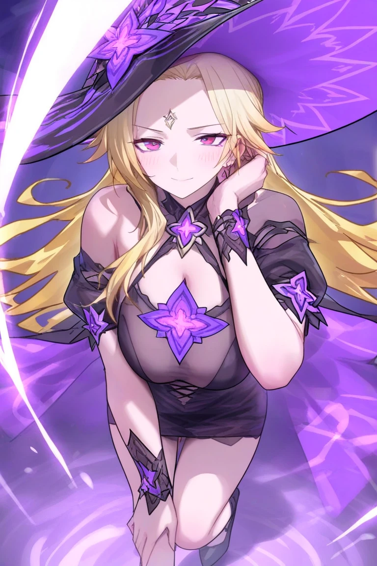 An adult woman with blonde hair, bright purple eyes, and beautiful white skin. An expressionless smile, placing the index finger on the lips in a sign of "silence". Wearing an extremely dark violet cloak, with stronger violet outlines, and violet-colored designs. With several currents floating around him in a circular shape