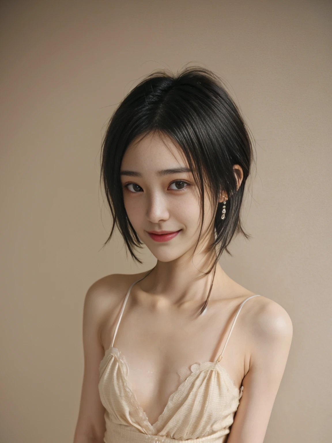 1 person, (Armpits are fully visible:1.4)、(Standing facing the camera:1.5)、(Wear a strapless camisole:1.6),(small, Flat Chest:1.7)、 (Looking into the camera:1.5)、Beautiful Japanese actresses,
Photogenic, Yukihime, Long eyelashes, Snowflake Earrings,
(RAW Photos, Highest quality), (reality, reality的:1.4), (flying debris),
Beautiful details, Beautiful lip detail, Highly detailed eyes and face,
BREAK is perfect anatomy, The whole body is thin, small breasts, (short hair:1.3), Angel'smile,
Crystal Skin, Wake up, Capture the light