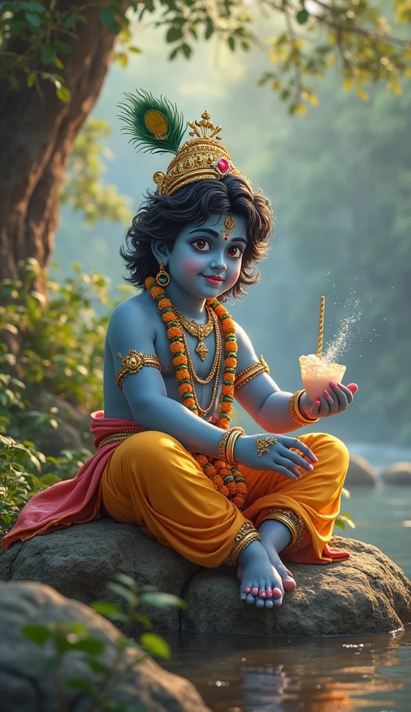 Shri krishna small in blue eating curd from pot