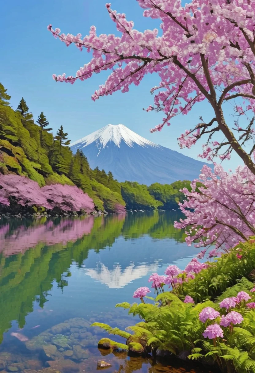 under a clear blue sky、Mt. Fuji covered with snow々and, moss phlox bright pink flowers and,Surrounded by lush greenery. colorful scenery are projected on the calm lake in the foreground, When taken with、A picturesque and quiet scene is created.