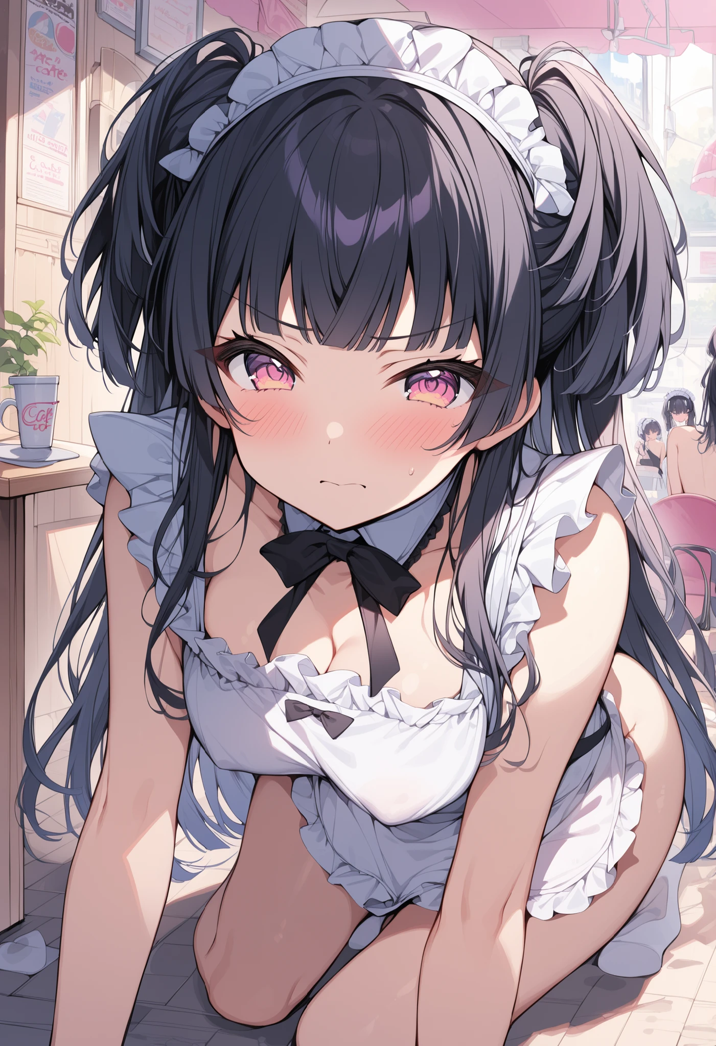 (masterpiece、Highest quality、Very detailed))、One girl、Black Hair、twintails、blunt bangs、Grey Eyes、evil smile、((Small breasts))、rabbit ears、((playboy bunny))、Cowboy Shot、((bent over))、Bedroom Background