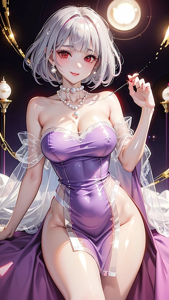 ((((masterpiece, best quality, high resolution)))), (1girl:1.5), ((white hair, purple eyes)), short wavy hair, bob cut, (average breasts :1.2), blush, smile, glow, thighs, bare shoulders, collarbone, narrow waist, cleavage, (beautiful detailed face, beautiful detailed eyes), ((satin nightgown, thin material)),(seductive pose, sultry look), urachan1629