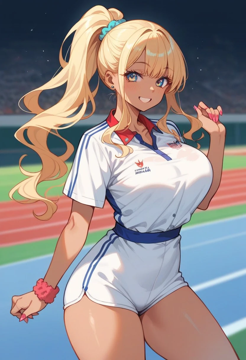 (masterpiece)、(absurdres)、(ultra detailed)、(solo lady)、(blonde hair:1.0)、(shiny red eyes:1.1)、(highponytail:0.9)、(a little red libbon:0.8)、(long hair:0.7)、(big breast:0.8)、(Volleyball player uniform、Shorts),top sun lighting、Tree-lined street、tan body:0.9,sweat,running pose:0.8、side view,looking away:1.1,Looking into the distance、
