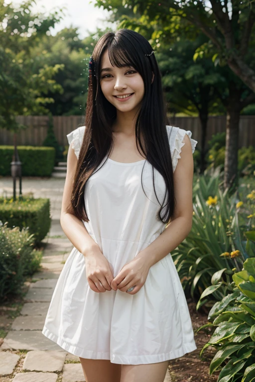 Best-quality, Masterpiece, Ultra-High-Resolution, (Photorealistic:1.4), Raw-Photo, 1girl, 15-years-old, the most famous Japanese idol, portrait, innocent-smile, extremely cute face like the most popular Japanese idol, extremely beautiful big-black-eyes, extremely beautiful hair, extremely beautiful skins, extremely beautiful long-eyelashes, extremely beautiful lips, wearing white see-through casual-dress and black camisole