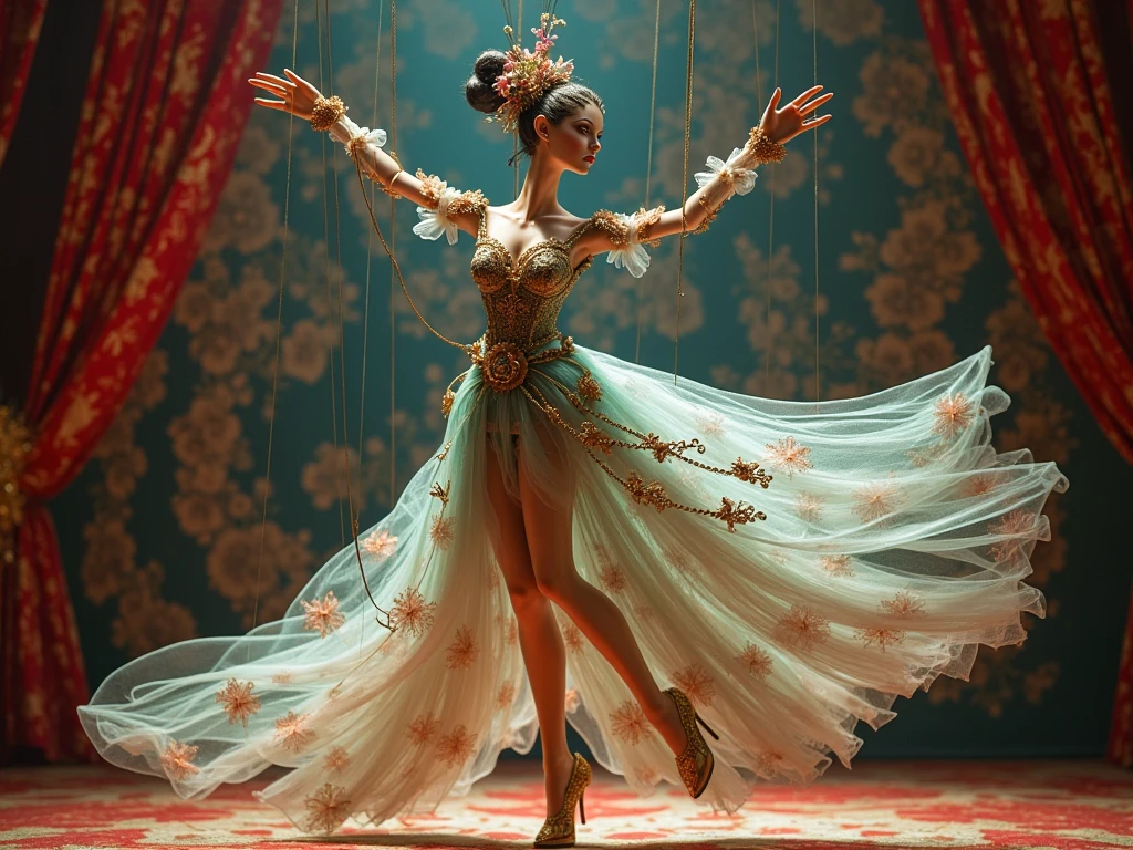 intricate fantasy dancer, full body shot, elegant dance performance on stage, beautiful detailed fantasy dress, pirouette on one leg, magical fantasy world, best quality, 4k, 8k, highres, masterpiece:1.2, ultra-detailed, realistic, photorealistic:1.37, HDR, UHD, studio lighting, ultra-fine painting, sharp focus, physically-based rendering, extreme detail description, professional, vivid colors, bokeh, fantasy art, concept art