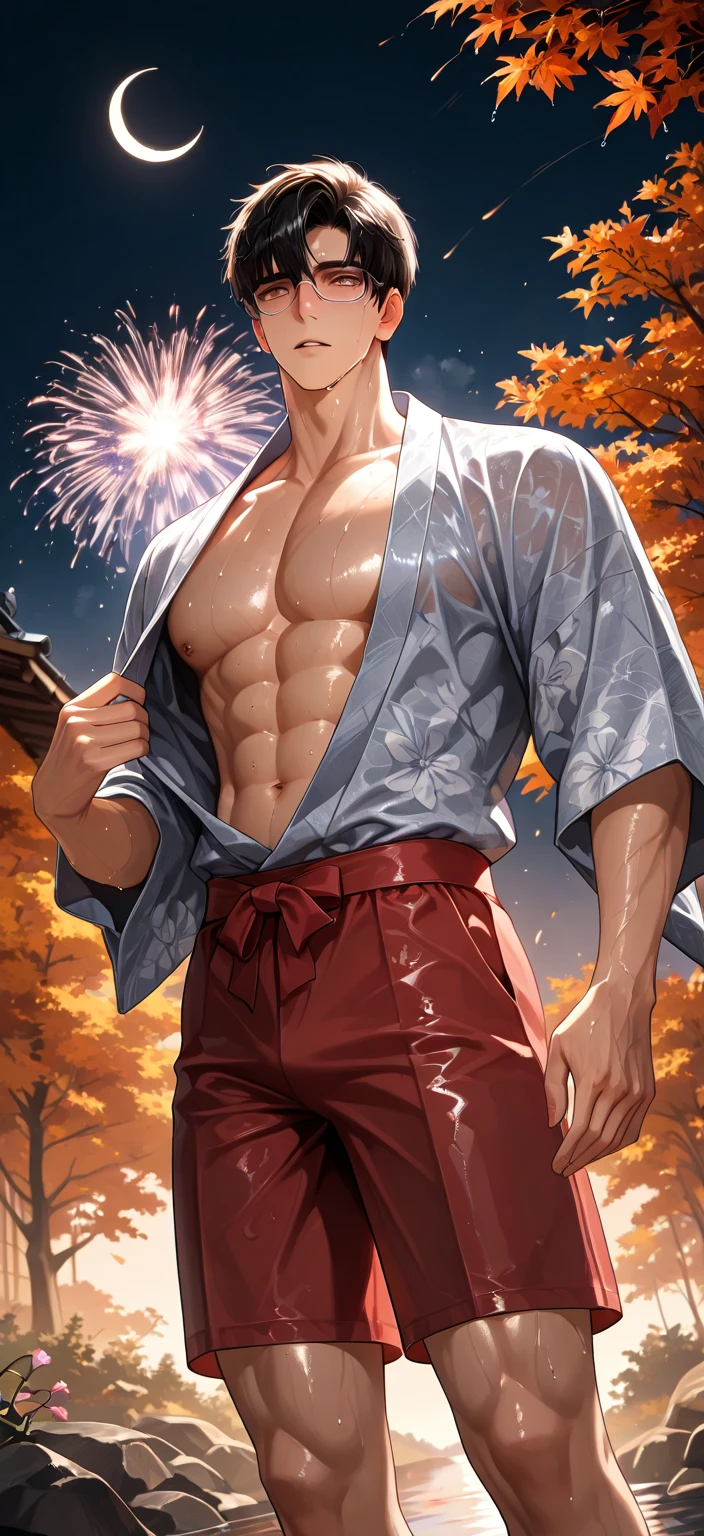 A handsome muscular man, solo, extremely perfect facial features, (face: Matthew Daddario), gorgeous, beautiful, wet, perfect eyes, sexy gaze, looking at the viewers romantically, perfect bare body, smooth skin, wide chest, largest breast, extremely large pectorals, big nipples, wearing ((fire pattern print red shirt and black brief), bulge:1.2), (open shirt showcasing chest and abs: 1.5), on a volcanic field, lava flowing all around, a sexy posture, model pose, moaning with pleasure, (pitch dark sky: 1.5), night time, a hot glow in his skin, tanned skin, full body view, no pants