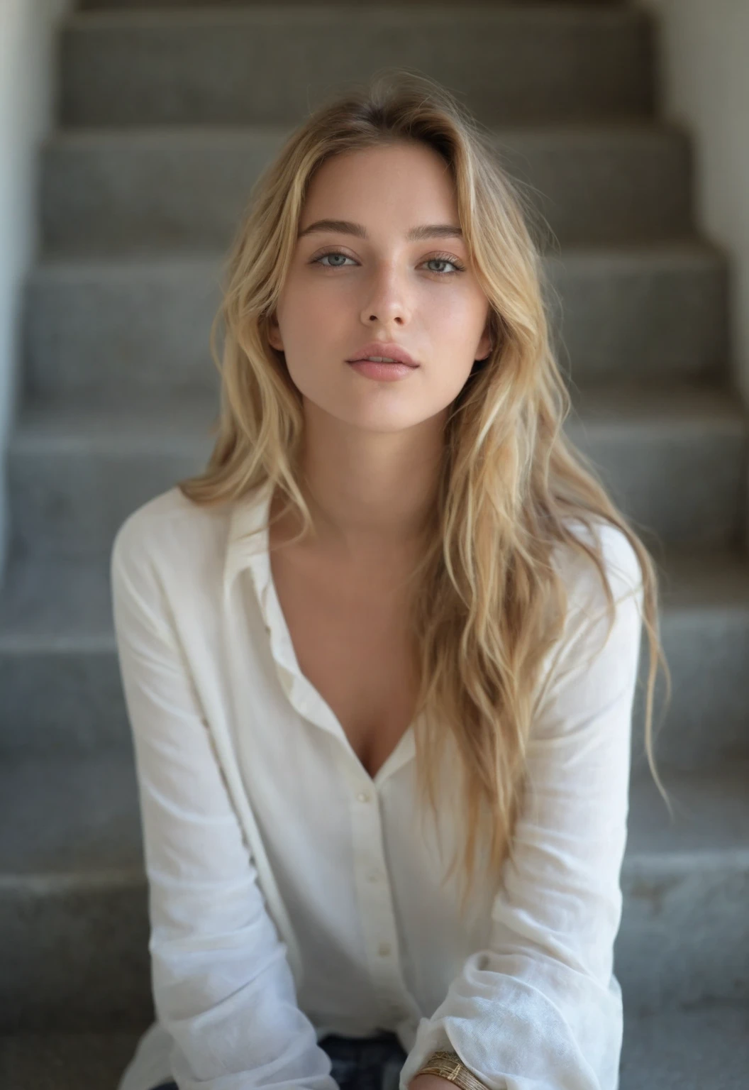 a beautiful woman with long blonde hair, , weiches Licht von der Seite, beautiful blonde girl, sexy girl, 2 2 Jahre altes weibliches Model, attraktiv, Blonde Goddess, natural beauty blonde girl, front view white sweater, pose attraktiv, sexy Aussehen, with natural light background, White top, Pose casual, enge Kleidung