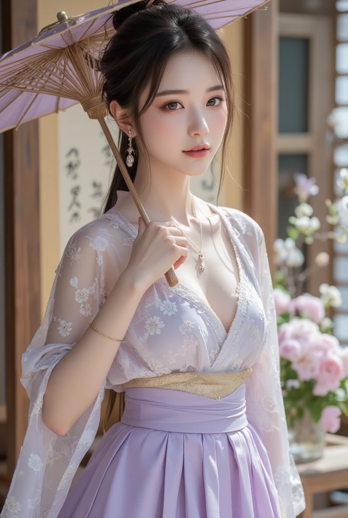 best quality,masterpiece,Ultra-high resolution,(Photorealistic:1.4),fair_Face,Twenty-five-year-old oriental nine-tailed demon fox girl,Bright Eyes,Cleavage,Silver long hair above the waist,Wearing Ming Dynasty clothing(Bright 1:0),On the antique wooden bridge,Oil paper umbrella in hand,pedestrian mall,