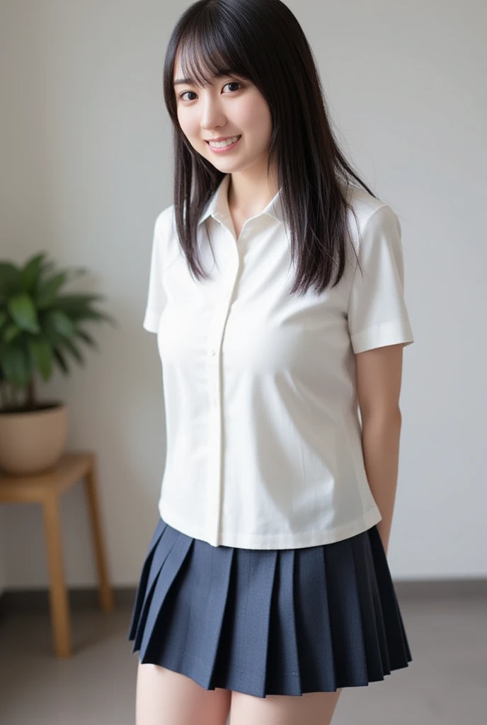  1 girl, alone,  人体解剖学的に accurate,  masterpiece,  textured skin,  very stylish woman 、 Very Beautiful Japanese Woman 、 very cute Japanese woman、    portai   ,  accurate,   number々award ,  best quality,  High Detail,   high quality model , very well detailed,    black hair,   sexy、Shaoyang、 symbol body、 Thin waist and white clouds in your mouth、very 、 Your  are visible、  I can see my beautiful thighs 、 smile,   beautiful feet、beautiful white skin、 feet、 Staring、shot from the front、very 、 full body shot 、Wide angleショット, 超Wide angle, Wide angle,  from head to toe、椅子にfeetを組んで座る女性、Half-sleeping chair、feetを組んで座る、A woman in a Japanese schoolgirl uniform、Shooting in the classroom、The woman is a high school student 、miniskirt、knee socks