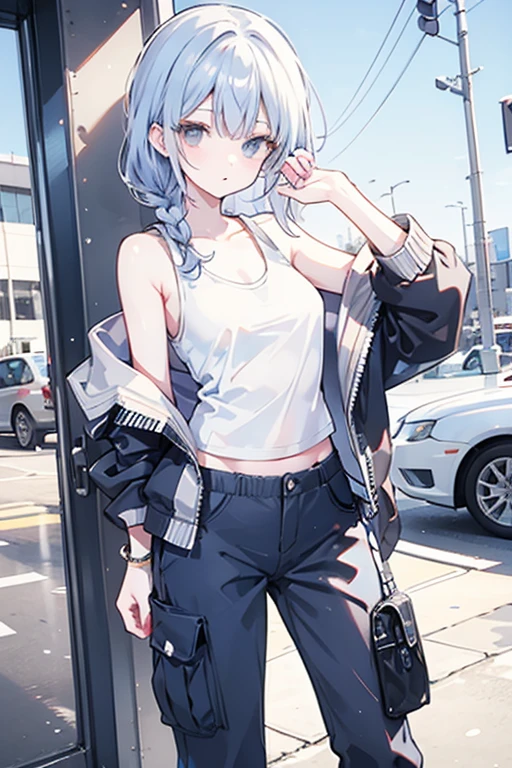 ((masterpiece,best quality)), 1girl, solo, robin, halo, head wings, Midi dress, denim jacket, and sneakers., simple background, <lora:robin-strXL-v1a-000008:0.8>