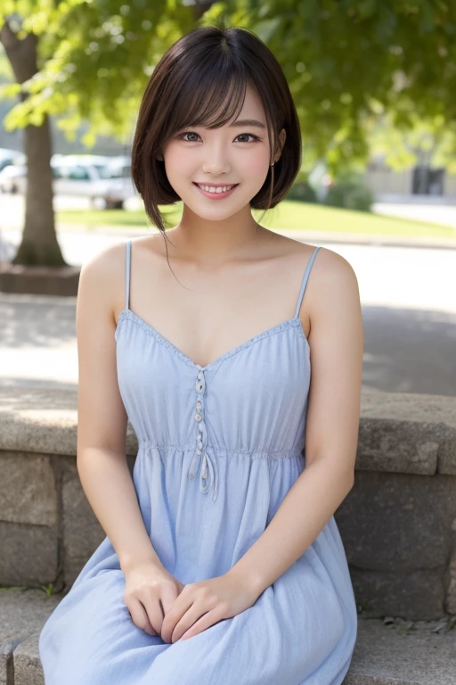 Produce the highest quality and highest resolution 8K images。The model is a 20-year-old Japanese woman.。The image depicts a person smiling at the camera and taking a commemorative photo at a tourist spot.。Draw the upper body of the model。She has brown eyes and a model figure.、She has an idol-level cute face.。Hair is bob cut。Skin has a healthy color。Clothes、She is wearing a cute dress.。