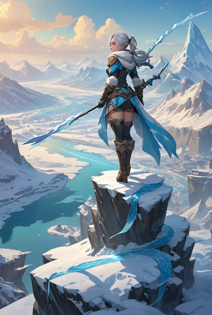 (highres, high quality:1.2), intricate details, cinematic lighting, ambient occlusion,
JainaProudmoore, 1girl, solo, full body, standing on cliff, standing on mountain peek, crossed arms, complex ocean background, clouds, sky, from behind, from side, (at distance:1.1),
(looking down:1.1), looking at another,
white hair, blonde hair, streaked hair, single braid, eyeshadow, lipstick, makeup, detailed face, glowing blue eyes, anchor necklace,
blue clothes, bare shoulders, corset, detached sleeves, gloves, single gauntlet, skirt, thighhighs, knee boots,
curvy, large breasts, cleavage, ass focus,
<lora:JainaProudmooreV1:0.87>